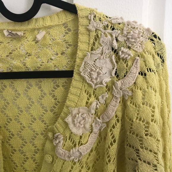 Anthropologie Sparrow Valance Lace Knit Cardigan Lime Yellow Size M Rare - Picture 5 of 14